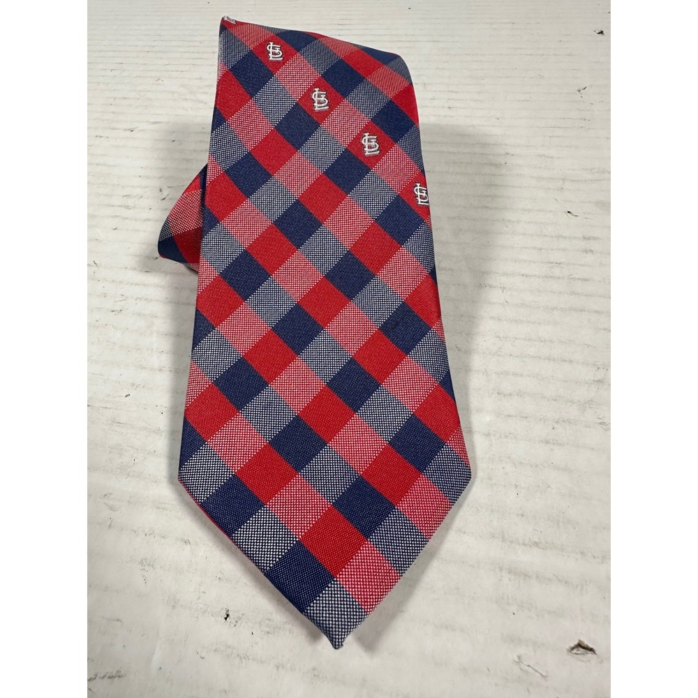 MLB St Louis Cardinals Mens Necktie Red Navy‎ Blue Gingham Check Logo Silk-Look